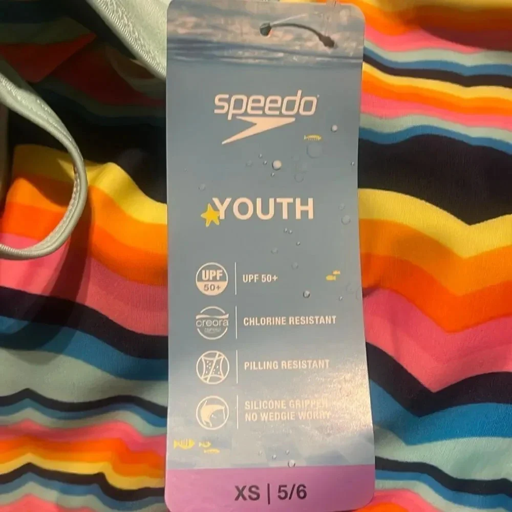 #17 Speedo youth bathing suit blue, orange, pink X- Small Size 5/6 1 piece NWT